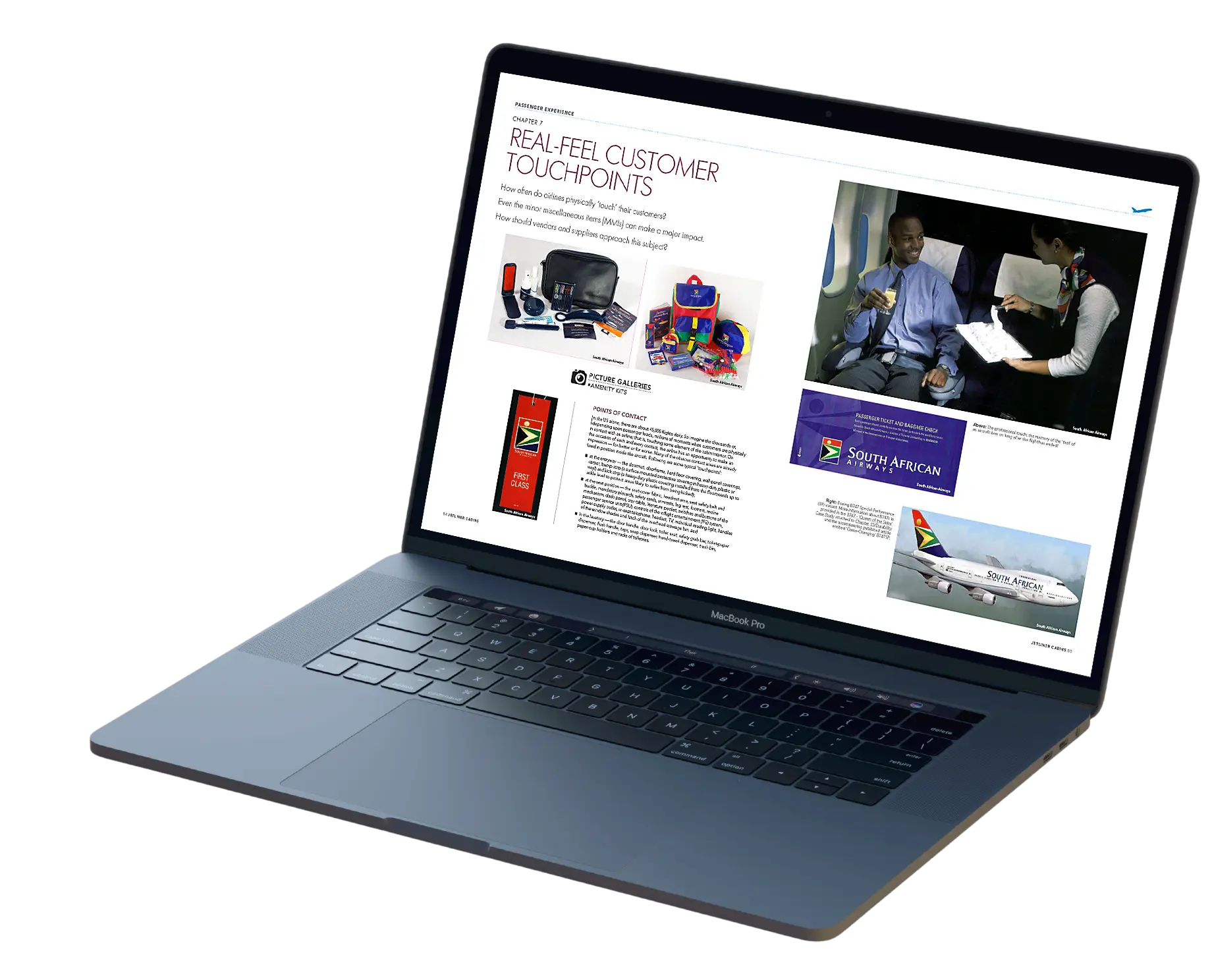 MacBook displaying pages of an aviation design book by Jetliner Cabins, showcasing detailed aircraft cabin layouts and interior design concepts